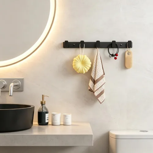 Vista 7 de Black Wall Mount Coat Rack, 5 Wall Hooks For Hanging Key Holder Hat Hooks Negro