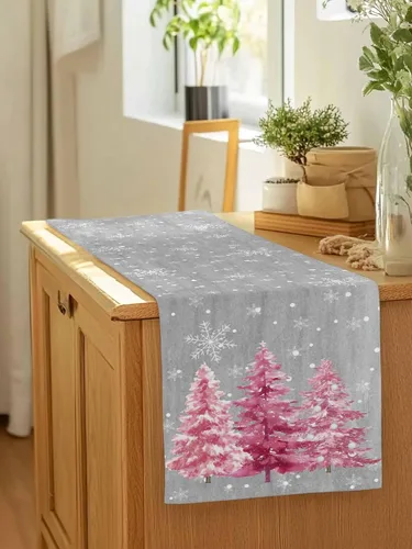 Vista 6 de Camino de mesa de Navidad de otoño de 90 pulgadas de largo, árbol de Navidad, fondo gris, duradero, lavable, camino de mesa de cocina para Árbol