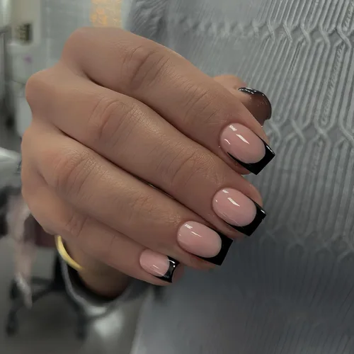 Vista 10 de Uñas postizas a presión con punta francesa negra, uñas cortas de almendra, uñas con pegamento para mujer, uñas acrílicas francesas de gel, uñas