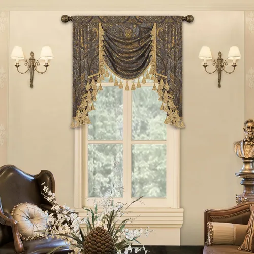Vista 19 de Loom and Mill Cenefa de cascada de lujo de jacquard para sala de estar, elegantes cenefas de ventana con festones y cuentas damascadas, cortinas