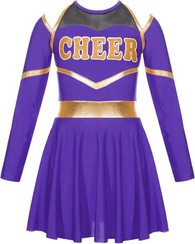 Vista 3 de Disfraz de uniforme de animadora para niñas, vestido de manga larga con pompones, vestido de 2 piezas para cosplay