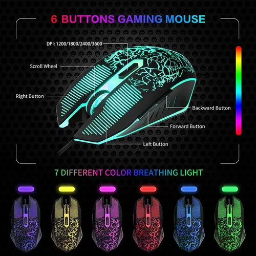Vista 5 de Combo de teclado y mouse RGB para juegos, retroiluminación LED, 104 teclas, teclas programables multimedia, para PC, portátil, PS4, Xbox, color negro