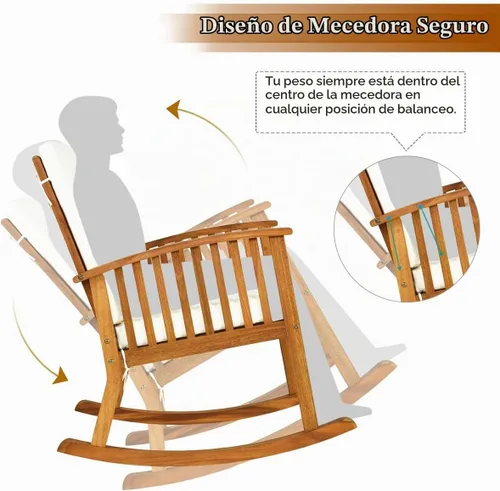 Vista 6 de Tangkula 2 mecedoras de madera de acacia para exteriores, mecedora de madera con cojines lavables desmontables, balancín para porche, jardín, patio