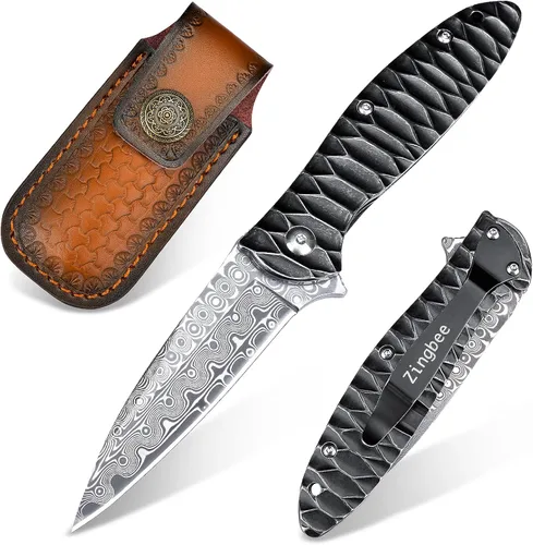 Vista 16 de Zingbee Cuchillo de bolsillo de Damasco de 3.46 pulgadas con clip, mango antideslizante azul DMXQ 1-azul