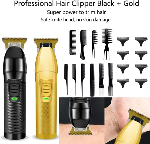 Vista 3 de Juego de 2 cortapelos para peluqueros profesionales, a la moda, recargable, con 10 peines de peinado (6.2 pulgadas, oro negro)