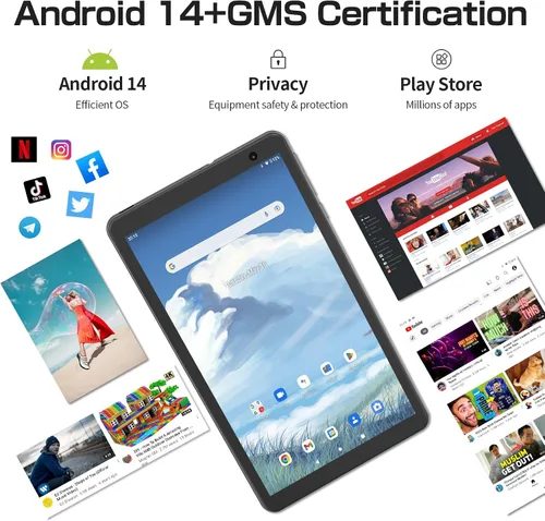 Vista 2 de Tabletas Android 14 de 8 pulgadas, Tablet PC de cuatro núcleos, 8 GB de RAM+64 GB ROM 512 GB expandir, batería de 5000 mAh, cámaras duales de 2+8