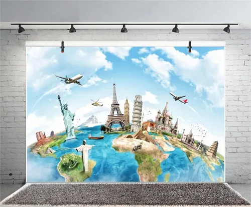 Vista 4 de Yeele Telón de fondo de viaje de globo de 10 x 8 pies, mapa de la tierra, continente mundial, famoso, paisaje, fotografía del hogar, fondo