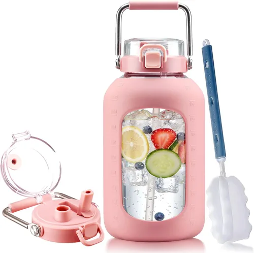 Vista 13 de BLUEGO Botella de agua de vidrio de 64 onzas con mango de acero inoxidable, botella de agua grande con marcadores de tiempo y funda de silicona Ámbar