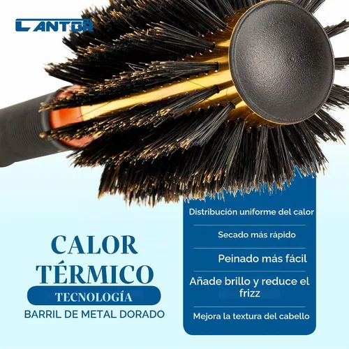Vista 4 de Cepillo pequeño redondo para secar con soplado, cerdas de jabalí, barril térmico de metal, cepillo profesional antiestático para peinar y secar