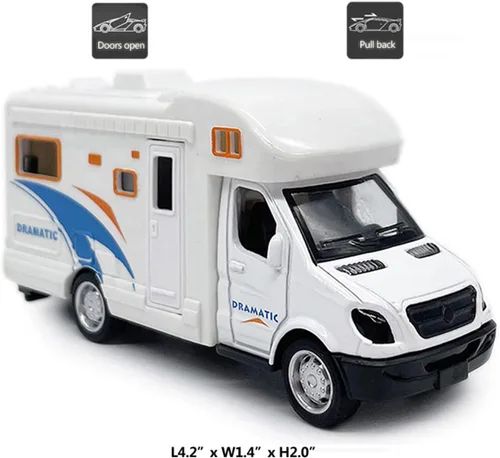 Vista 5 de Mini juguete de autocaravana camper RV para niños, modelo de aleación con tracción hacia atrás, vehículo recreativo con aventura, con muebles, techo