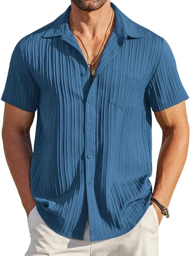 Vista 9 de COOFANDY - Camisas de botones casuales para hombre, de manga corta, con textura, camisa de playa de verano con bolsillo