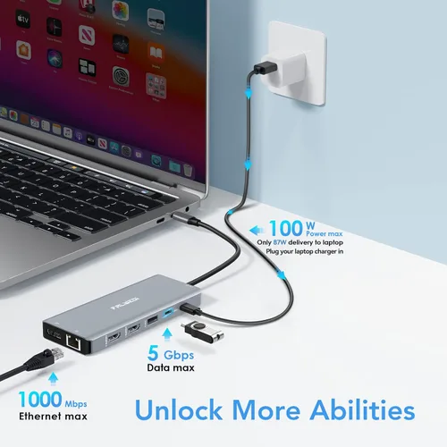 Vista 5 de Estación de acoplamiento para portátil con monitor doble, adaptador multipuerto USB C 14 en 1 con 2 HDMI, DisplayPort, Ethernet, SD/TF, puertos USB