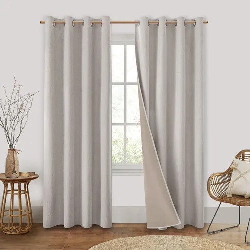 Vista 18 de HOMEIDEAS Cortinas 100% opacas beige de 63 pulgadas de largo, mezcla de lino con textura de oscurecimiento, cortinas con aislamiento térmico