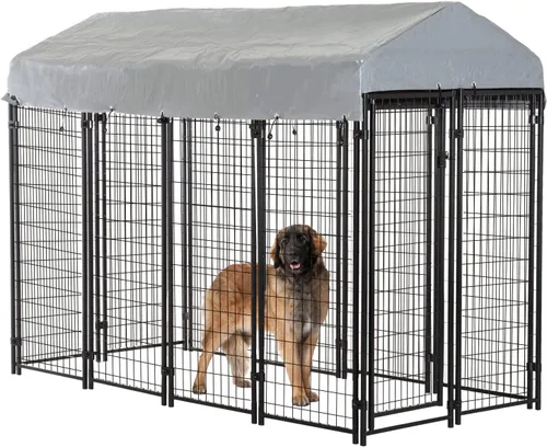 Vista 8 de BestPet Perrera resistente para perros de 4 x 4.3 pies con techo impermeable, jaula grande de acero galvanizado para perros medianos y grandes