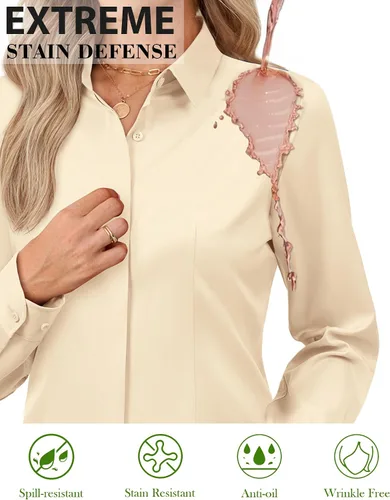 Vista 4 de Gleeivy Camisa con botones para mujer, solapa con botones ocultos, ligera, transpirable, resistente a las manchas, manga larga, trabajo e informal