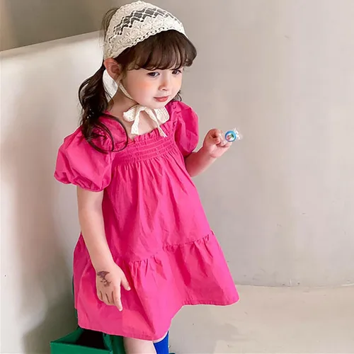 Vista 4 de VEFSU Toddler Kids Baby Girls Dress Puff Sleeves Solid Casual Party Ruffled Princess Dresses Infant Girl Clothes Dresses