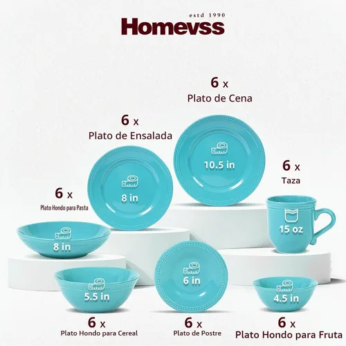 Vista 2 de HomeVss, Pearl Dots - Vajilla de cerámica (juego de 42 piezas, turquesa)