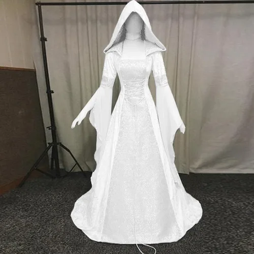 Vista 3 de YMUQEIGH Cloak With Hood Women Retro Gothic Medieval Costume Halloween Cosplay Renaissance Dress Floor Length Lace Up Dress