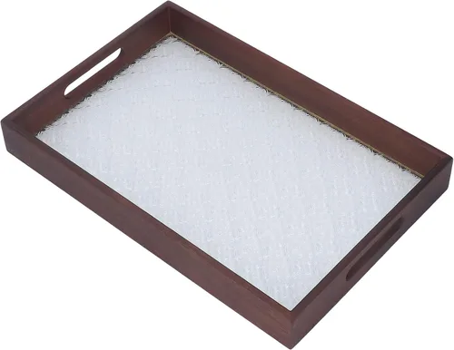 Vista 4 de Walnut Wood Serving Tray, Rectangle Vintage Glass Bottom with Handles, Elegant Kitchen Snack Plate - Multi Purpose, Durable Wood Siding, Ideal for