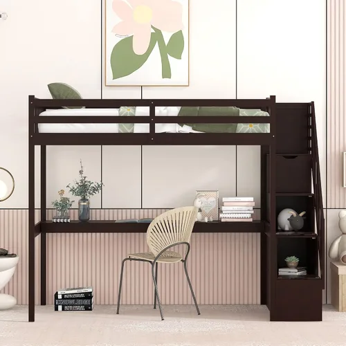 Vista 12 de Cama alta individual con escaleras de almacenamiento, escritorio, estación Negro