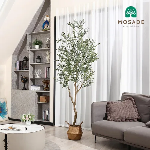 Vista 8 de MOSADE Árbol de olivo artificial de 7 pies de planta de seda de olivo artificial y canasta de hierba marina hecha a mano, árbol de seda topiario