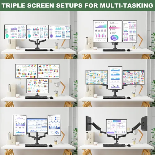Vista 4 de UPGRAVITY Soporte de escritorio para monitor triple para tres pantallas de computadora planas/curvas de hasta 27 pulgadas, brazos de triple monitor