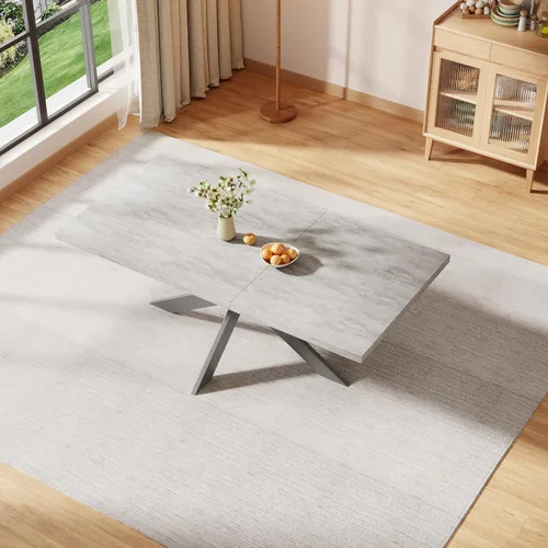 Vista 8 de ZckyCine Juego de mesa de comedor extensible de 6 piezas, moderna mesa de madera gris de 63 a 79 pulgadas con 6 sillas de tela gris, mesa de comedor
