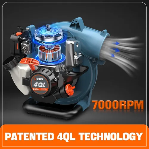 Vista 4 de SENIX 4QL Soplador de hojas portátil a gas de 4 ciclos de 26.5 cc para limpieza del cuidado del césped, hasta 410 CFM y 125 MPH, peso ligero, mango