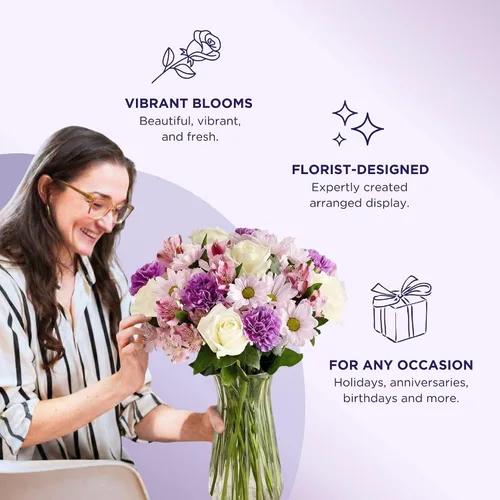 Vista 3 de 1800 Flores – Ramo mixto de lavanda (florero transparente incluido) – Flores frescas para entrega – Regalo para aniversario, cumpleaños