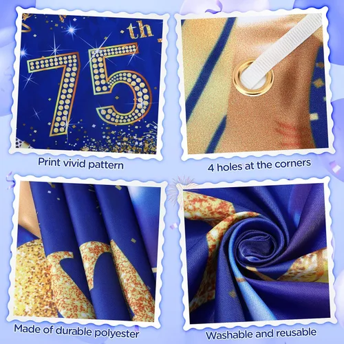 Vista 5 de Decoraciones de cumpleaños número 75 para hombres y mujeres, azul y dorado, pancarta de fiesta azul marino y dorado, 18 globos para 75 años