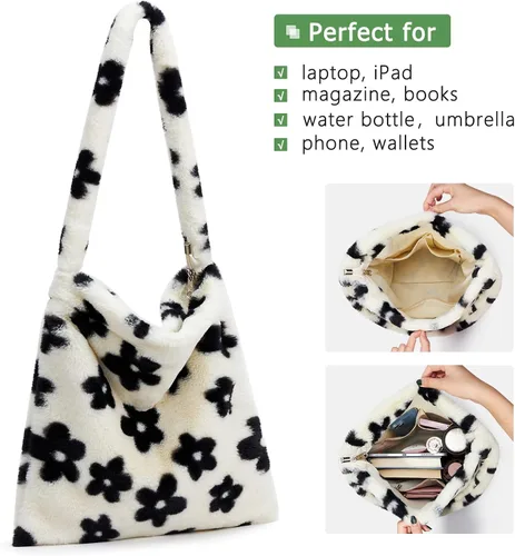 Vista 7 de Bolso de mano peludo y esponjoso, bolso grande y mullido, lindo bolso de felpa con cremallera para mujeres y niñas, bolso de hombro de piel
