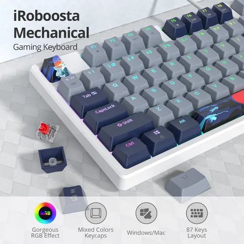 Vista 3 de Teclado mecánico 75% para juegos con interruptor rojo, retroiluminación LED RGB, teclado de computadora con cable TKL de 87 teclas para Windows