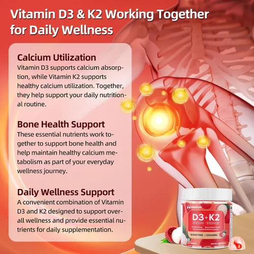 Vista 3 de Gomitas de vitamina D3 K2 con magnesio sin azúcar, 60 unidades Vitamina D3 5,000 UI + K2 (MK-7) 100 mcg - Suplemento de vitamina K2 D3 vegano