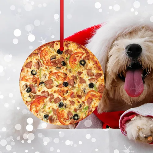 Vista 3 de Decoración de árbol de Navidad de pizza crujiente mixta adorno de Navidad Tomates Salami y Aceitunas Pizza Colgante Adorno de Navidad Adorno