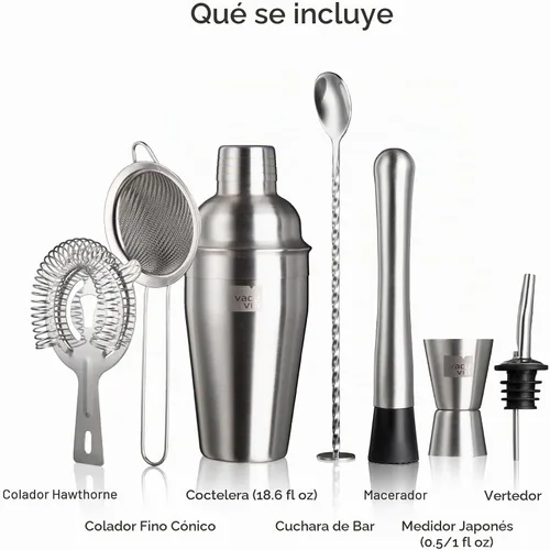 Vista 2 de Vacu Vin Juego de cóctel Plus, kit de barman de acero inoxidable de 7 piezas con agitador, jigger, muddler, colador, vertedor, tamiz y cuchara
