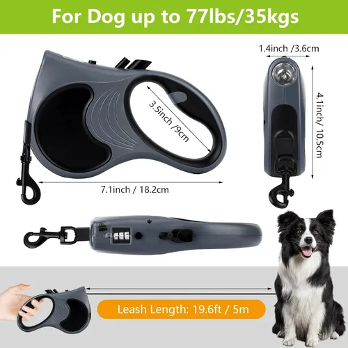 Vista 2 de Correa retráctil para perro con linterna, correa de paseo para perros de hasta 77 libras, correa de nailon sin enredos de 360°, mango Gris