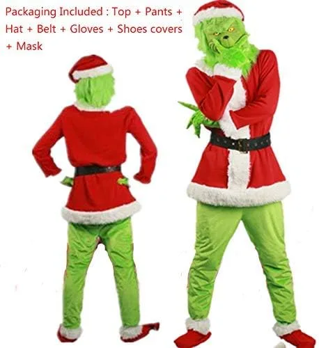 Vista 3 de Etokfoks Disfraz de Papá Noel de Navidad, 7 piezas de disfraz de monstruo verde para cosplay de adultos