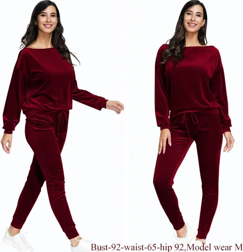 Vista 3 de Fixmatti Conjunto de sudadera de terciopelo de 2 piezas con un hombro descubierto para mujer