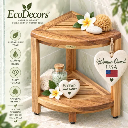 Vista 3 de Esquinero earthyteak ™. Totalmente montado. Esquinero de 2 niveles, de teca compacta. Banco de pie para ducha con estante. Almacenamiento