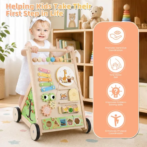 Vista 5 de Andador de madera para bebés con ruedas para niños y niñas de 6 a 12 meses