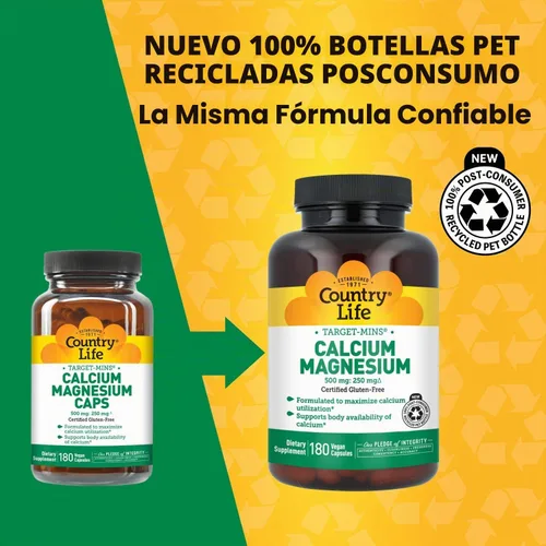 Vista 2 de Country Life Target-Mins Calcio Magnesio, 500 mg/250 mg, 180 Cápsulas