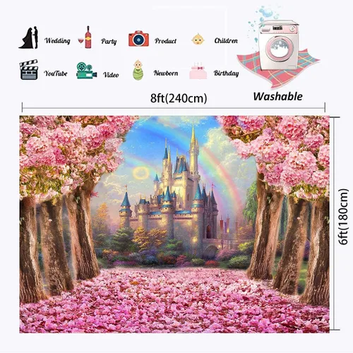 Vista 4 de Telón de fondo de castillo de ensueño de 8 x 6 pies, color rosa, dulce Sakura, árbol, lavable, poliéster, fotografía, fondo, boda, fiesta