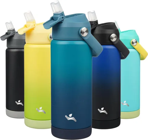 Vista 56 de Konokyo Botella de agua aislada con tapa de pajilla, botella de metal al vacío de acero inoxidable de 18 onzas con mango de silicona, color negro