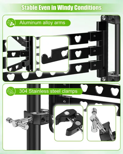 Vista 3 de Estante de secado de ropa de escalera RV de aluminio de 3 brazos con abrazaderas de acero inoxidable 304 180° ajustable, capacidad de carga de 90