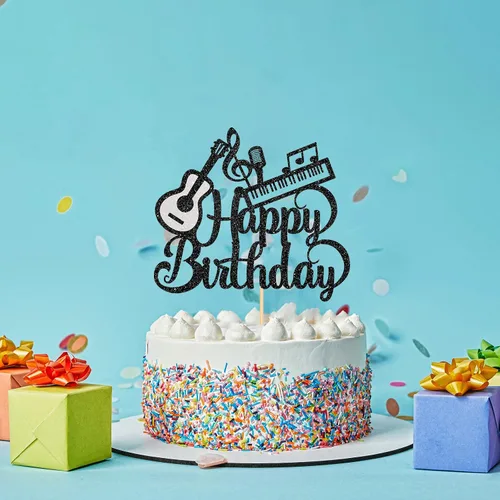Vista 6 de Decoración para tartas de música y guitarra, piano de feliz cumpleaños, decoración de pastel para amantes de la música, suministros de fiesta