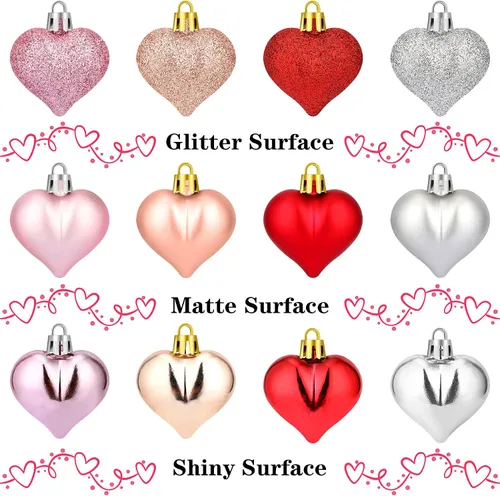 Vista 3 de JUNEBRUSHS 48 adornos en forma de corazón de San Valentín, decoraciones de corazón con purpurina de oro rosa, bolas colgantes para árbol de Navidad