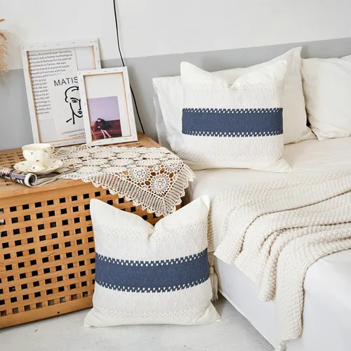 Vista 5 de 1 funda de almohada para sala de estar, algodón y arpillera, estilo bohemio decorativo para el hogar (beige y azul, 16 x 16 pulgadas)