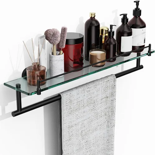 Vista 11 de Toallero con estante de 16 pulgadas, estante de baño con barra de toalla de vidrio templado, dorado cepillado moderno, acero inoxidable a prueba