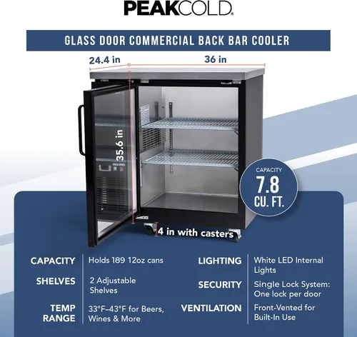 Vista 6 de PEAKCOLD - Enfriador comercial de barra trasera de 36 pulgadas, 1 puerta, puerta de cristal, color negro
