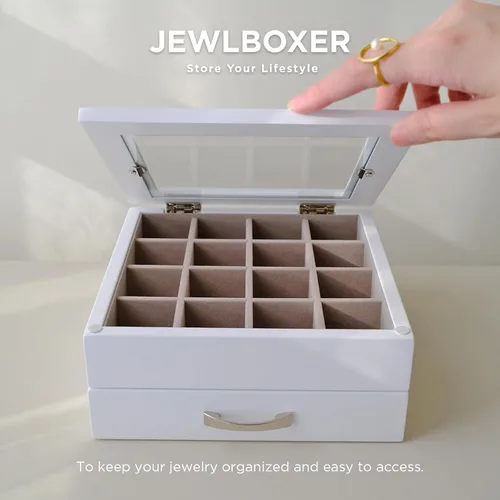 Vista 7 de JEWLBOXER Organizador de joyas Joyero de madera con parte superior de cristal para mujer, caja de regalo, pulseras, anillo, collar y organizador
